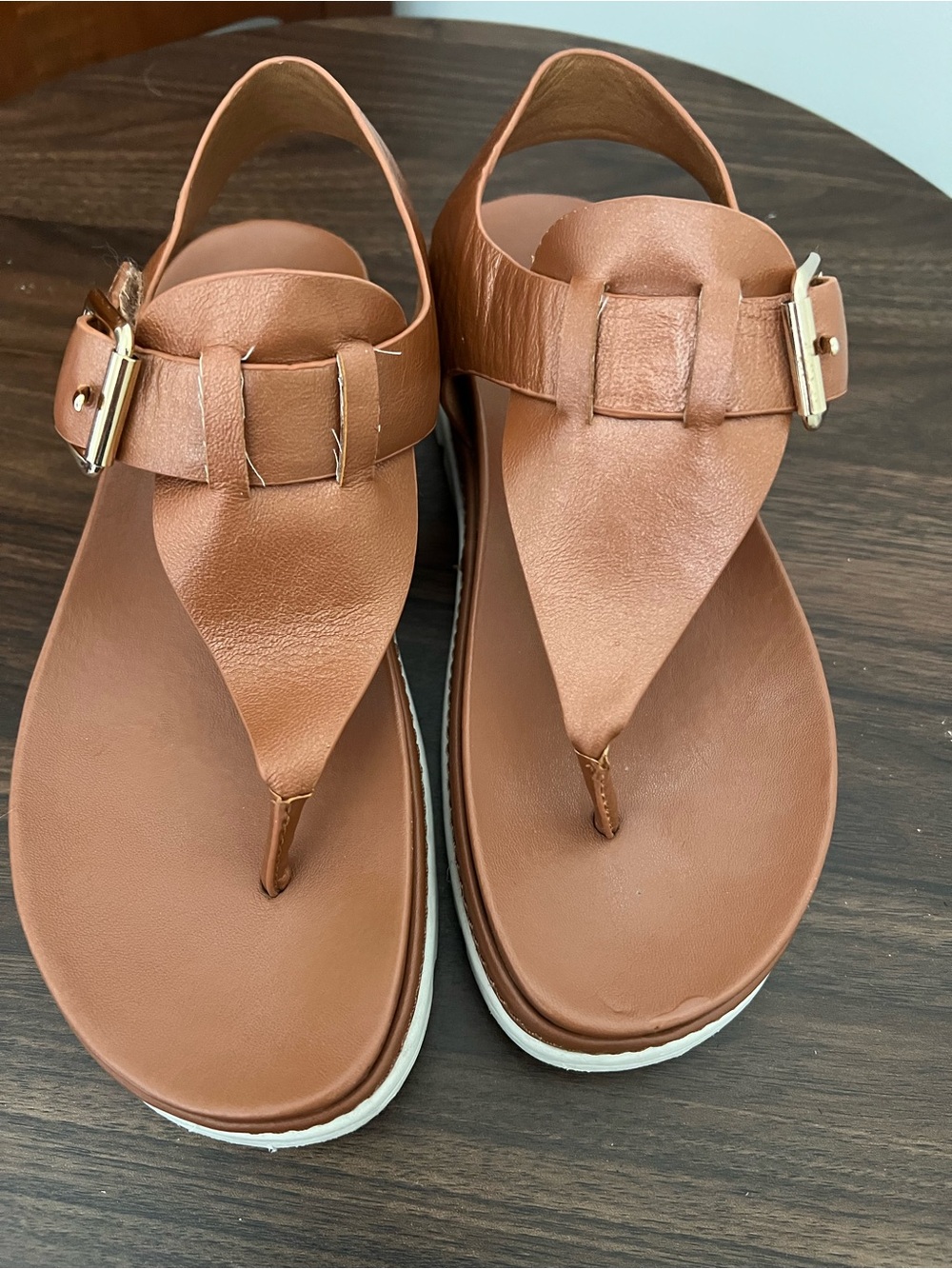 J Slides Tan Leather Thong Sandals with Gold Buckles